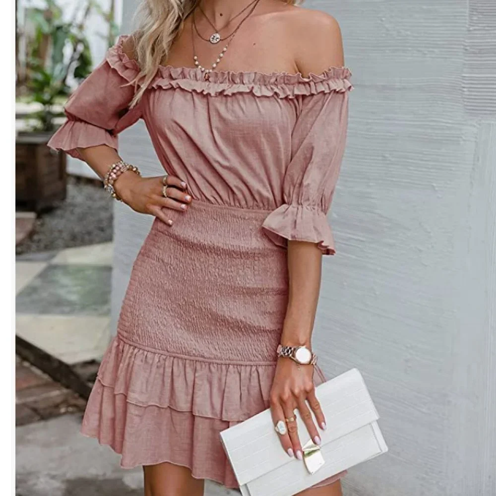 Blush Pink Ruffle Smocked Off Shoulder Lantern Sleeve Bodycon Mini Dress Sundres - Picture 5 of 7